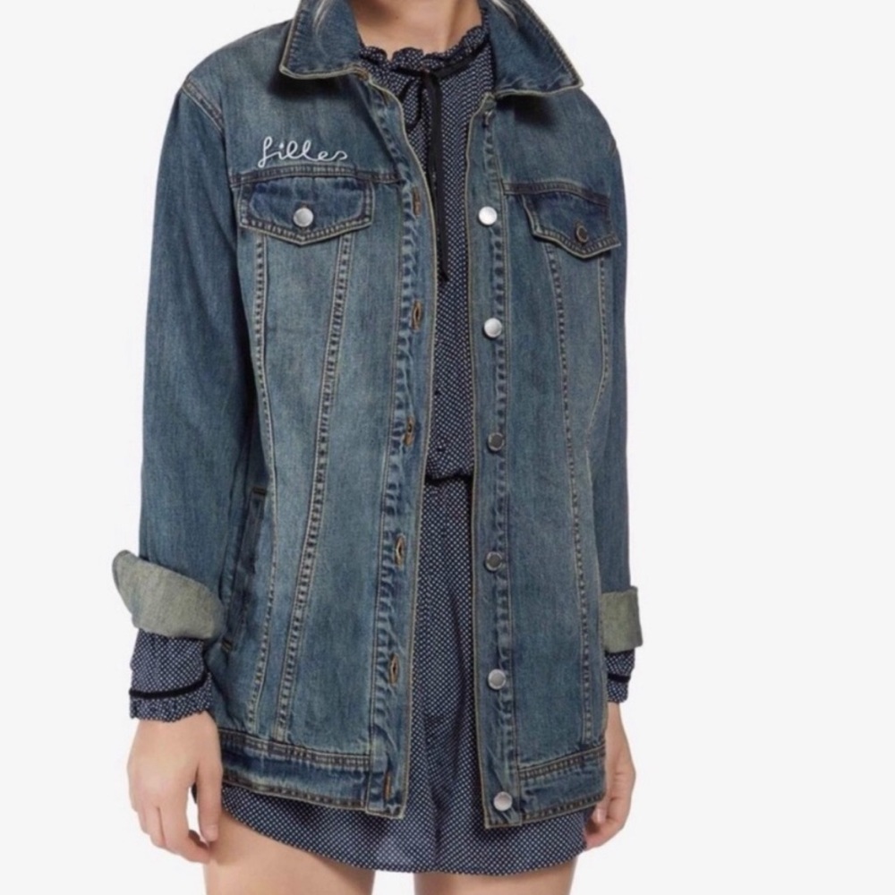 Avec Les Filles embroidered Follow me Blue Denim Jacket XS button front